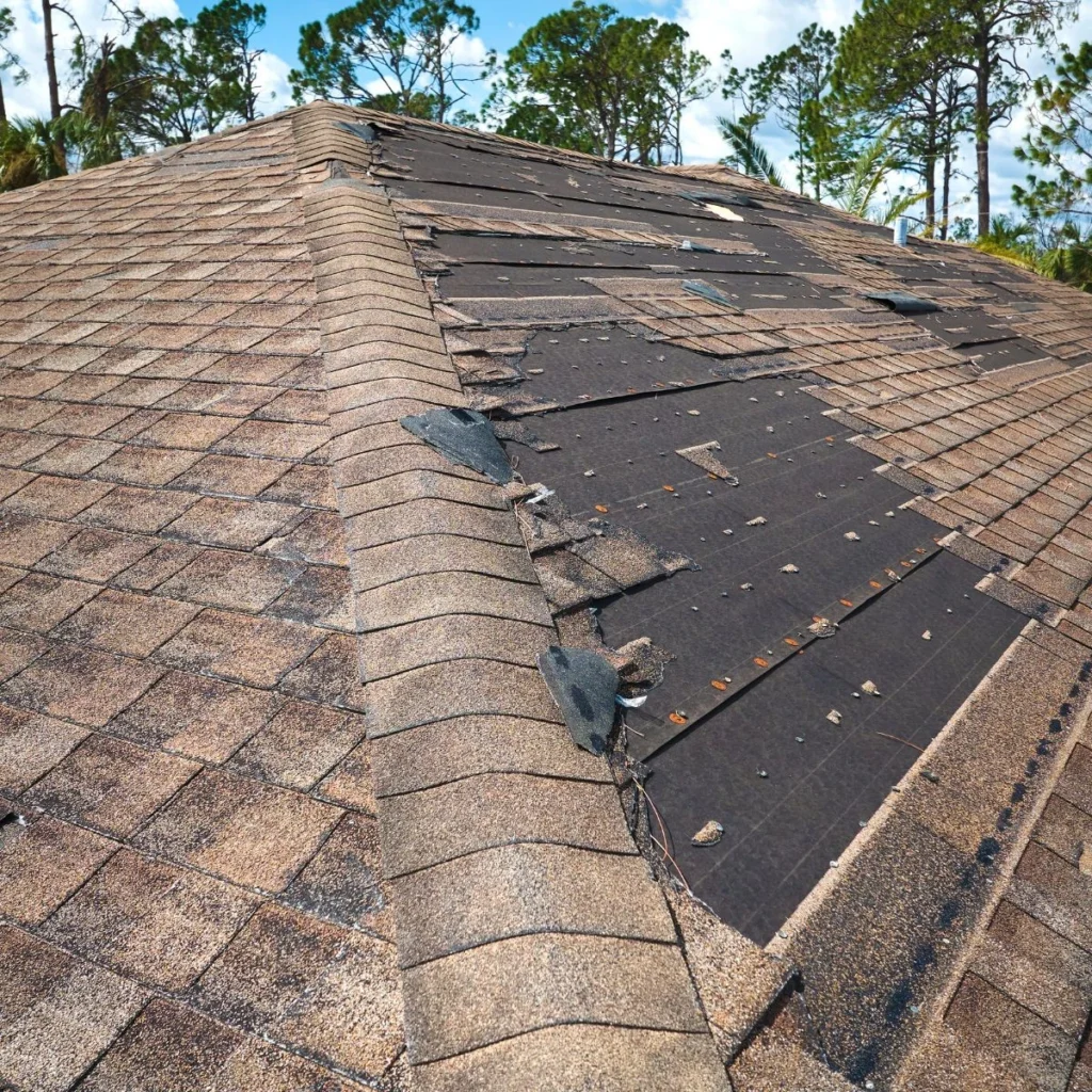 A house roof with missing and damaged shingles, exposing the black underlayment beneath. Trees and a partly cloudy sky are visible in the background.