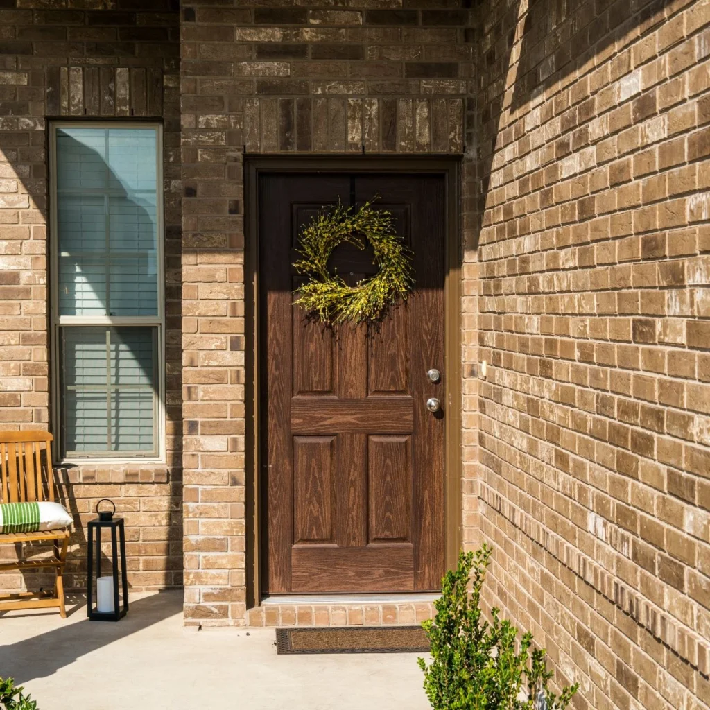 A brown wooden front door with a yellow-green wreath, set in a brick house. To the left is a window with closed blinds, a wooden bench, a striped cushion, and a black lantern on the porch. Green bushes line the walkway.