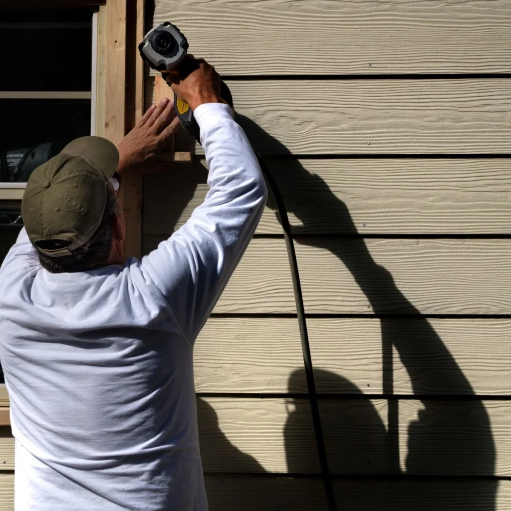 A person in a white shirt and cap uses a power tool to work on the exterior wooden siding of a building, with sunlight casting their shadow on the wall.