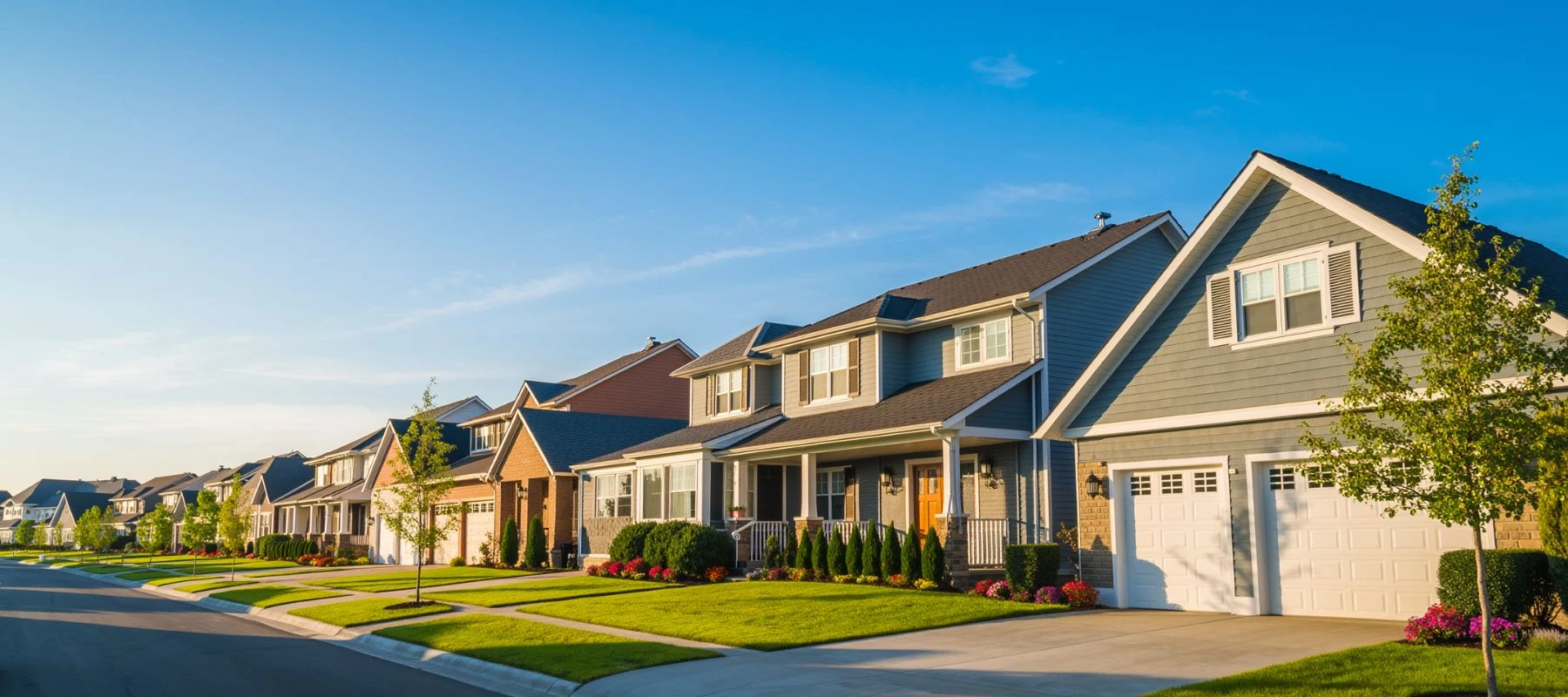 A row of modern suburban houses with manicured lawns, trees, and driveways on a sunny day under a clear blue sky.